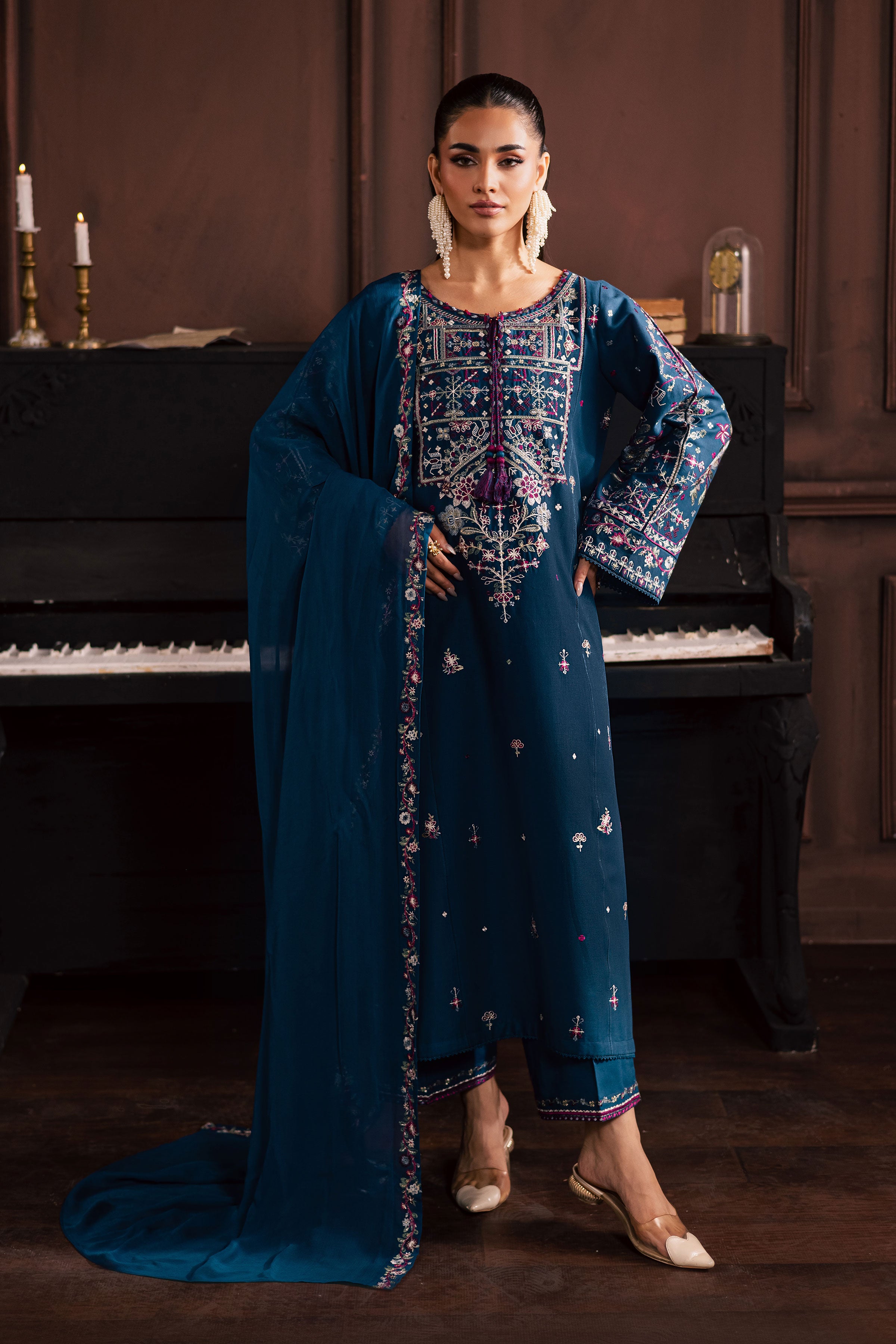 Blue Meg 3Pc - Embroidered Khaddar Dress