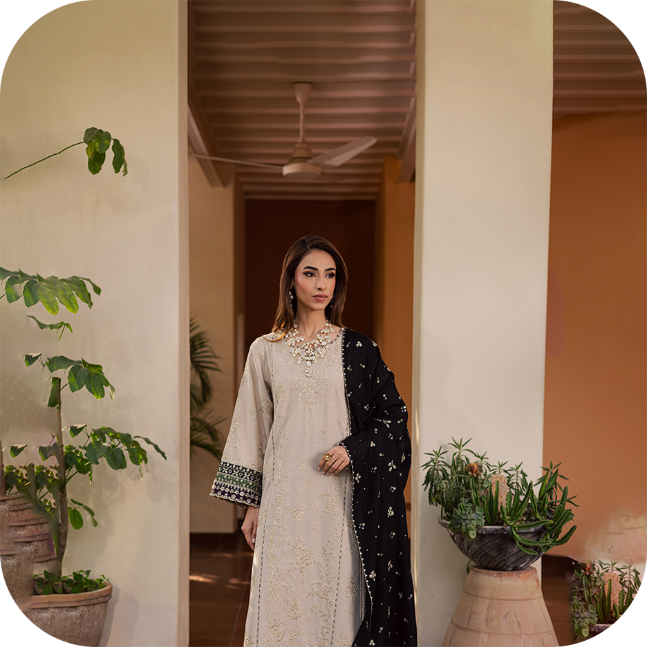 Festive luxury fashion by Batik UAE featuring elegant ethnic pret for women. A soft desert evening look perfect for Eid celebrations in Dubai and Pakistan.