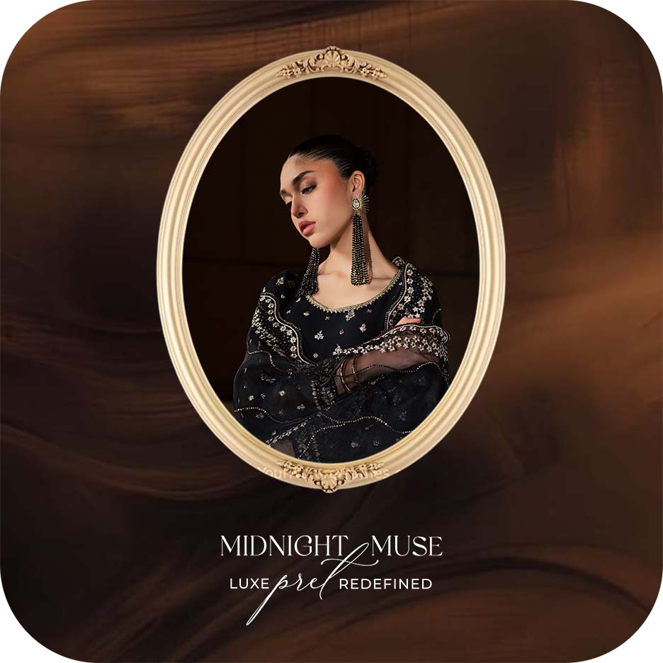 Midnight Muse by BATIK featuring luxury Pret ensembles with rich colours, intricate embroidery, sequins, organza dupattas and refined silhouettes for wedding festivities and elegant evening celebrations.