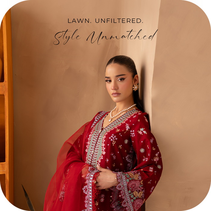 Elegant woman wearing BATIK's embroidered lawn dress