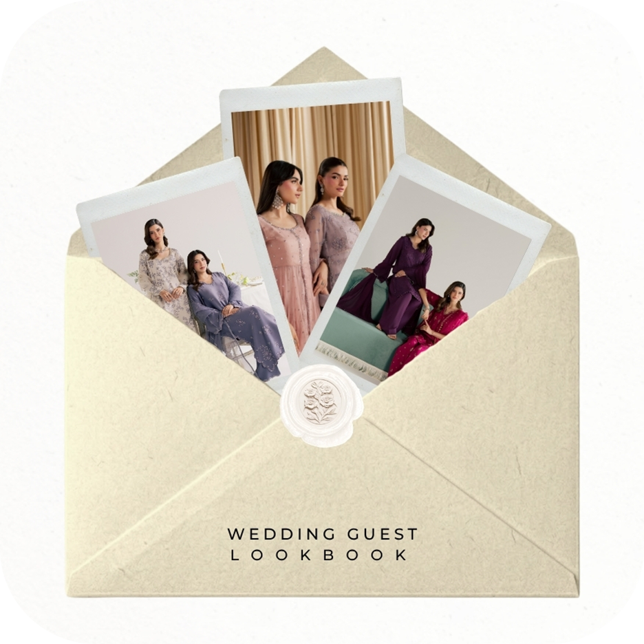 BATIK AE occasion wear wedding guest lookbook featuring elegant Pakistani festive outfits, embroidered 3PC suits, saree and traditional wedding guest fashion.