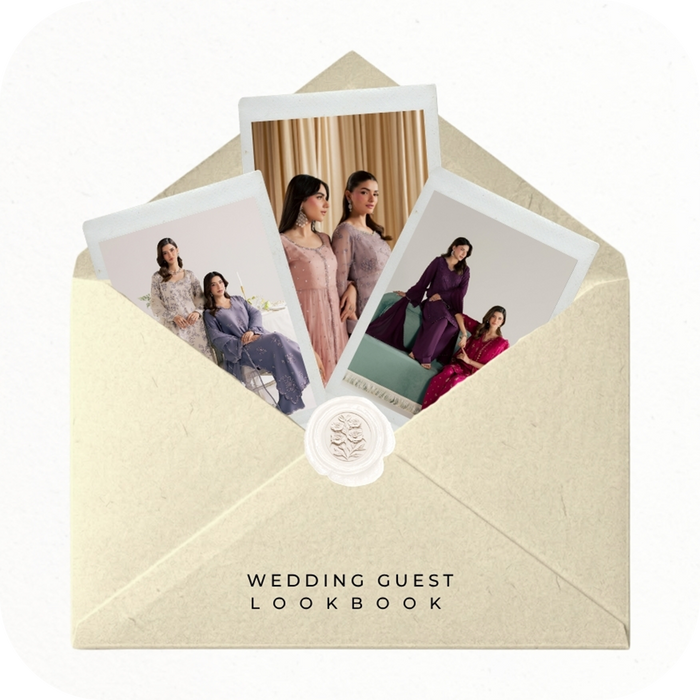 BATIK AE occasion wear wedding guest lookbook featuring elegant Pakistani festive outfits, embroidered 3PC suits, saree and traditional wedding guest fashion.