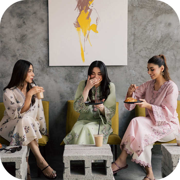 BATIK everyday wear outfits styled for coffee runs and brunch plans in café setting Women wearing BATIK everyday wear with iced coffee and casual city styling BATIK everyday wear collage with relaxed silhouettes and cool girl fashion aesthetic Models in B