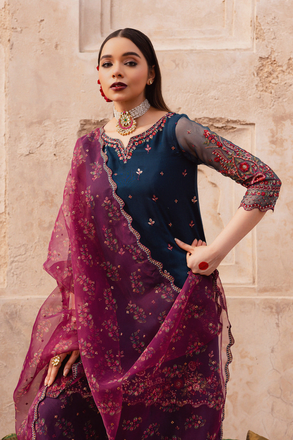 Batik UAE Aleysa three piece raw silk set featuring an embroidered short shirt with kaviya finishing organza sleeves flared embroidered sharara and printed organza dupatta with sequin spread. Affordable ethnic South Asian Desi Indian Pakistani designer wear UAE fashion for teens adults girls and women available in sizes  S M L festive eid 