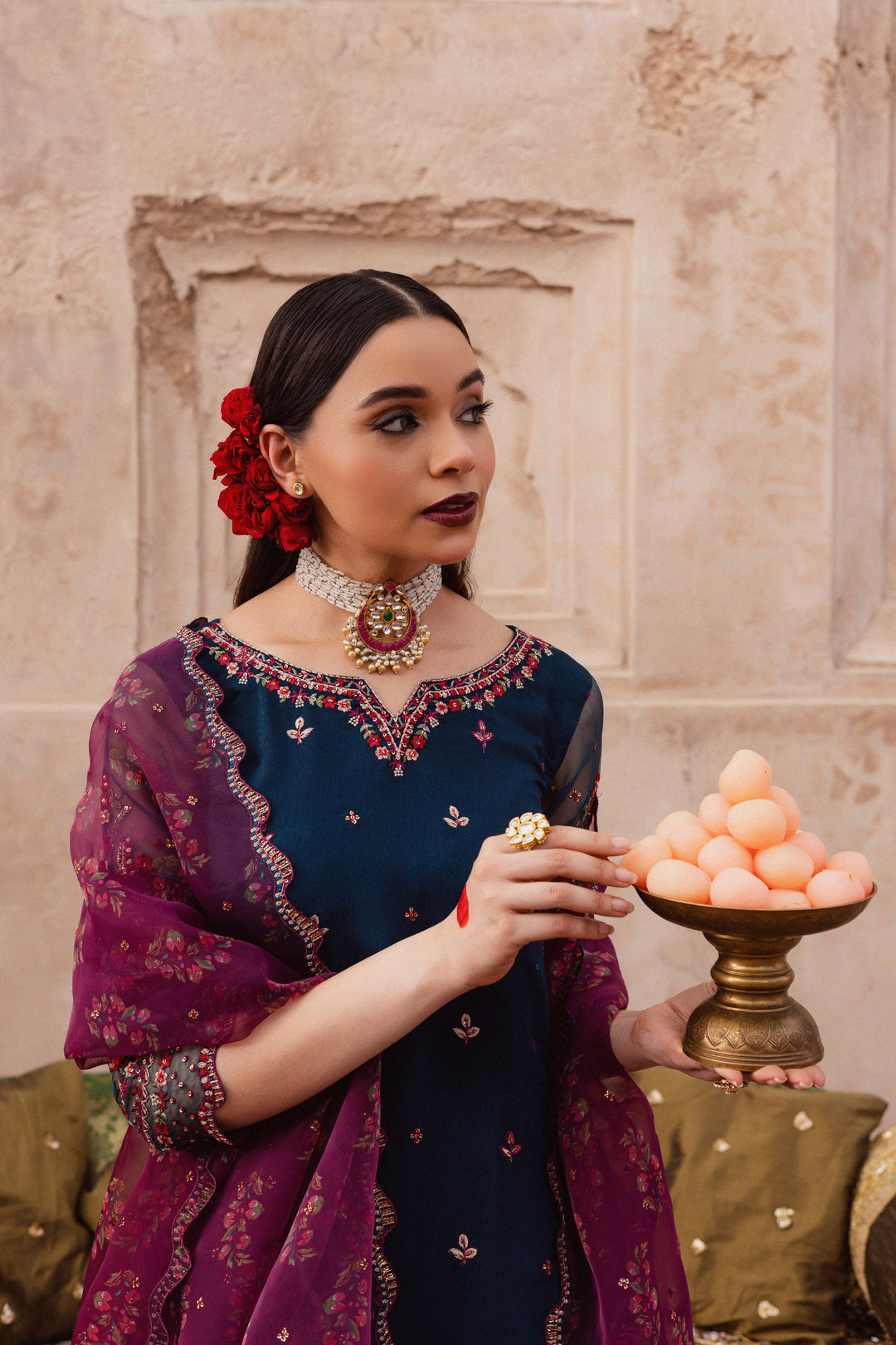 Batik UAE Aleysa three piece raw silk set featuring an embroidered short shirt with kaviya finishing organza sleeves flared embroidered sharara and printed organza dupatta with sequin spread. Affordable ethnic South Asian Desi Indian Pakistani designer wear UAE fashion for teens adults girls and women available in sizes  S M L festive eid 