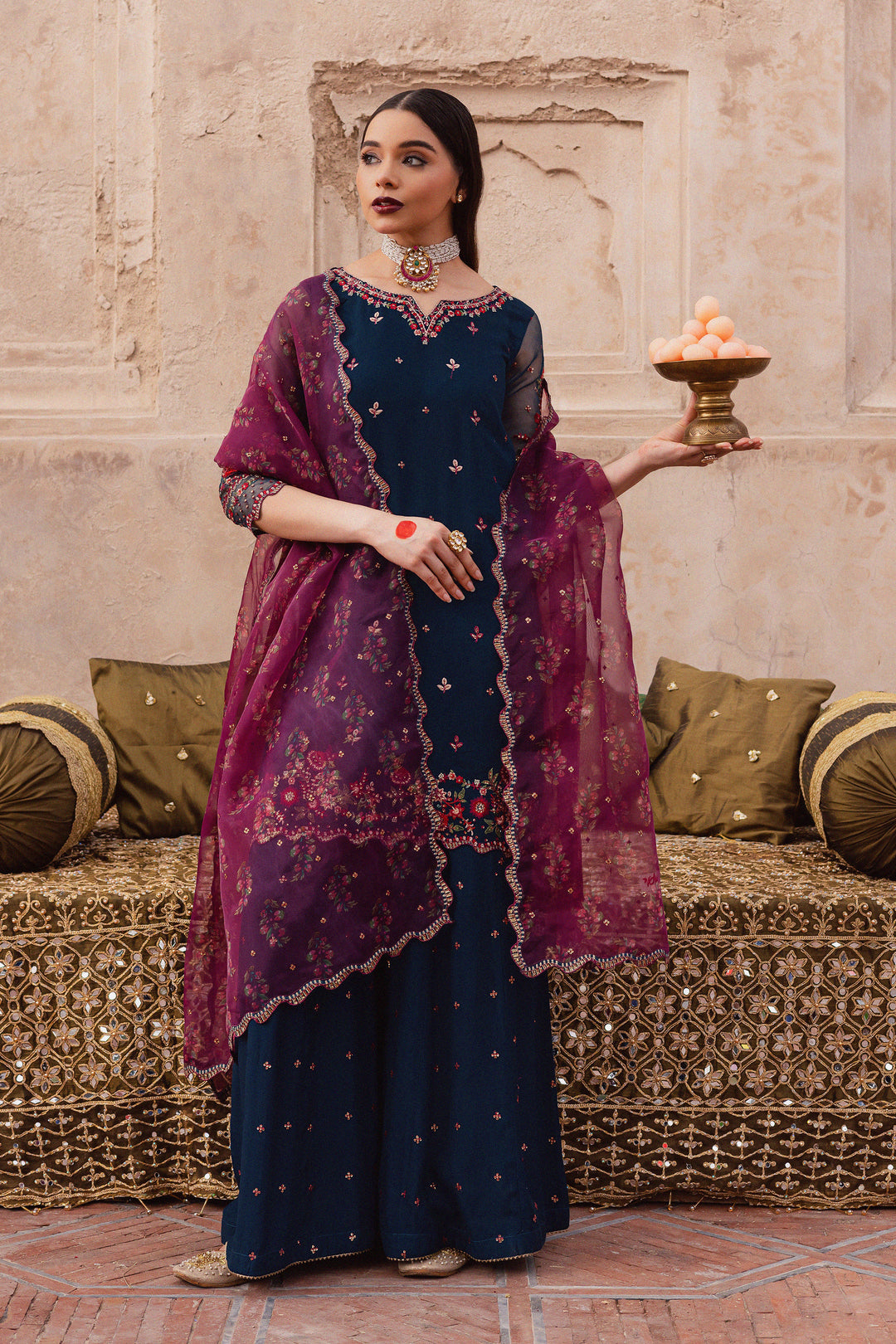 Batik UAE Aleysa three piece raw silk set featuring an embroidered short shirt with kaviya finishing organza sleeves flared embroidered sharara and printed organza dupatta with sequin spread. Affordable ethnic South Asian Desi Indian Pakistani designer wear UAE fashion for teens adults girls and women available in sizes  S M L festive eid 
