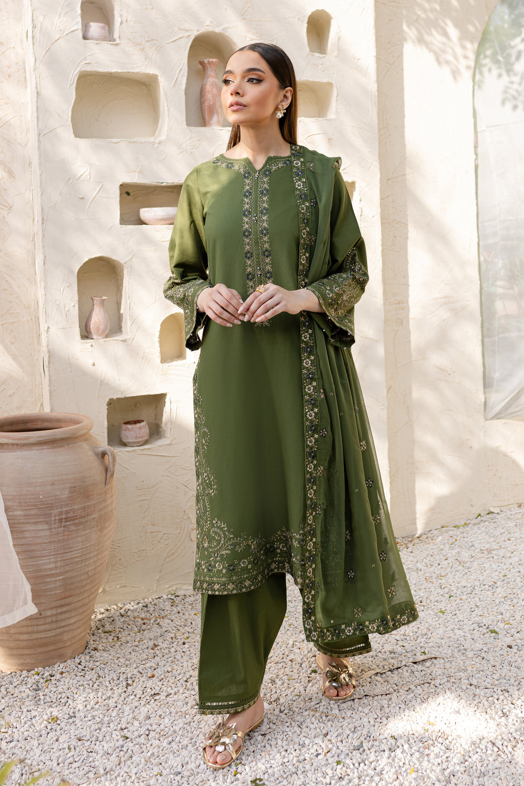 Leafy 3Pc - Embroidered Khaddar Dress