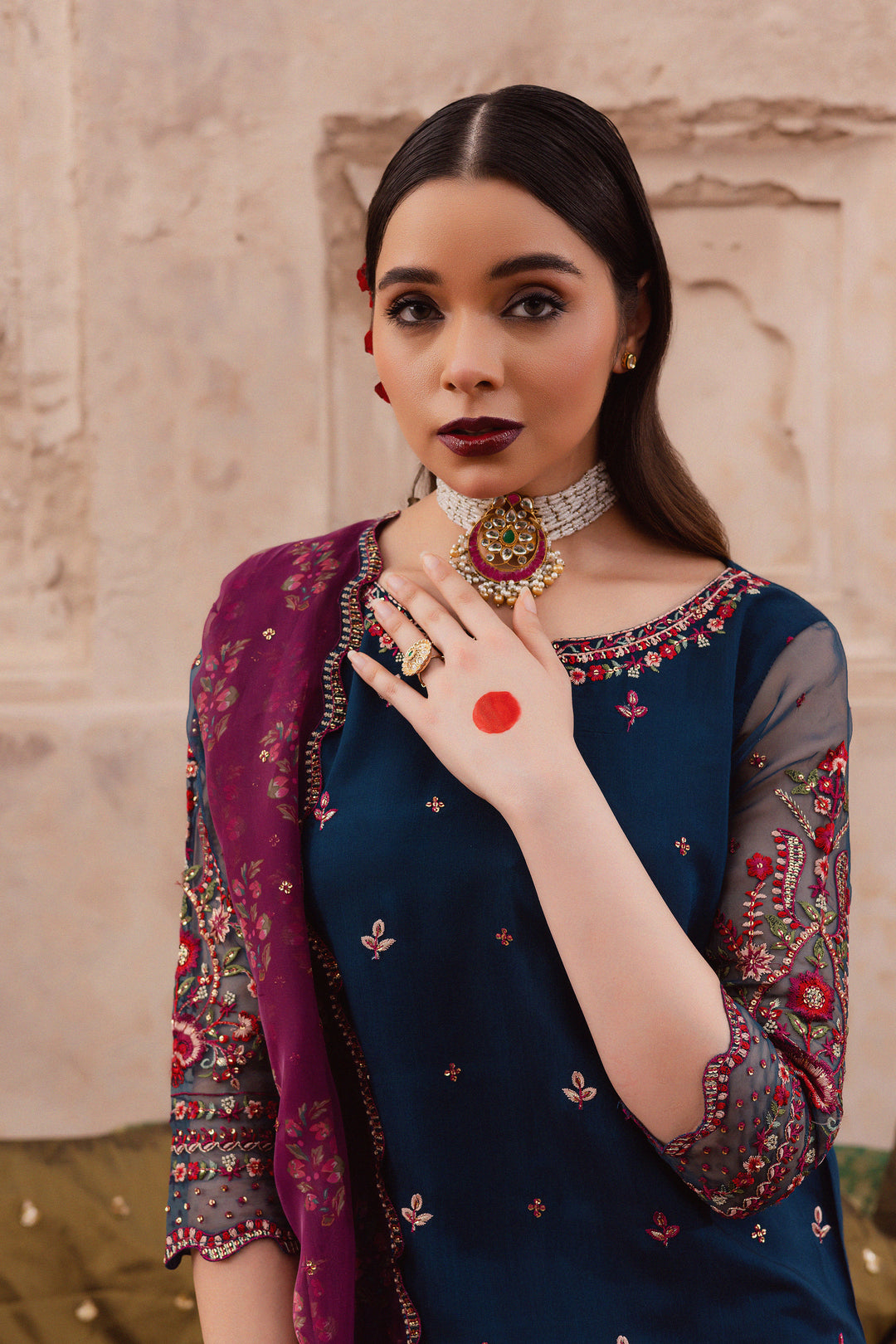 Batik UAE Aleysa three piece raw silk set featuring an embroidered short shirt with kaviya finishing organza sleeves flared embroidered sharara and printed organza dupatta with sequin spread. Affordable ethnic South Asian Desi Indian Pakistani designer wear UAE fashion for teens adults girls and women available in sizes  S M L festive eid 