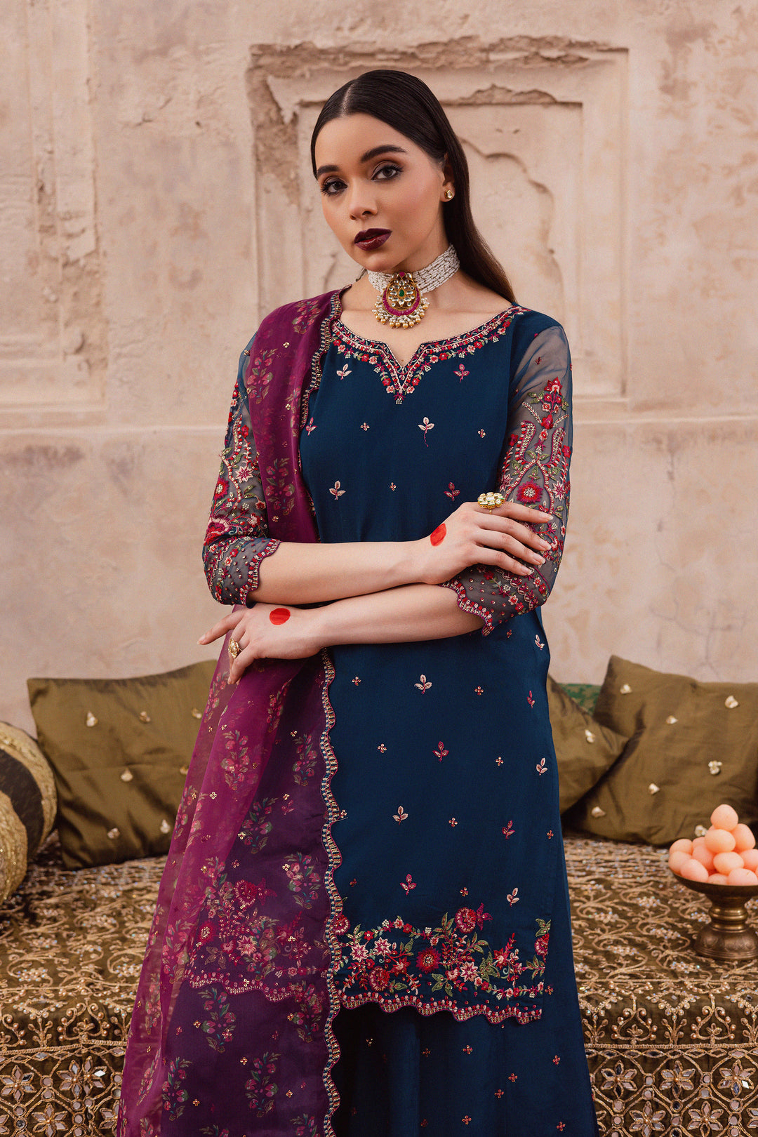Batik UAE Aleysa three piece raw silk set featuring an embroidered short shirt with kaviya finishing organza sleeves flared embroidered sharara and printed organza dupatta with sequin spread. Affordable ethnic South Asian Desi Indian Pakistani designer wear UAE fashion for teens adults girls and women available in sizes  S M L festive eid 