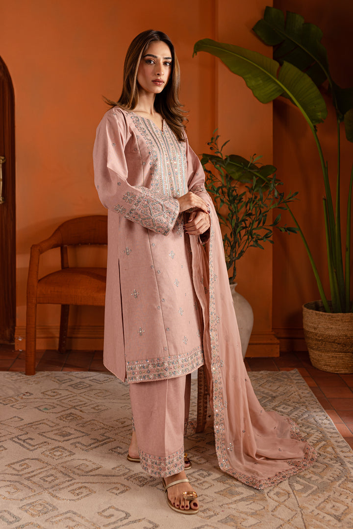 Pink Lotus 3Pc- Embroidered Karandi Dress