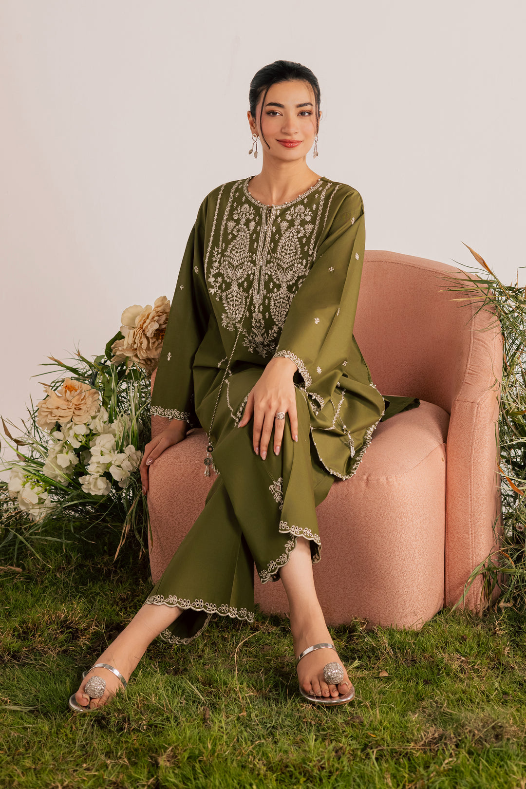 Mina Green 2Pc - Embroidered Lawn Dress