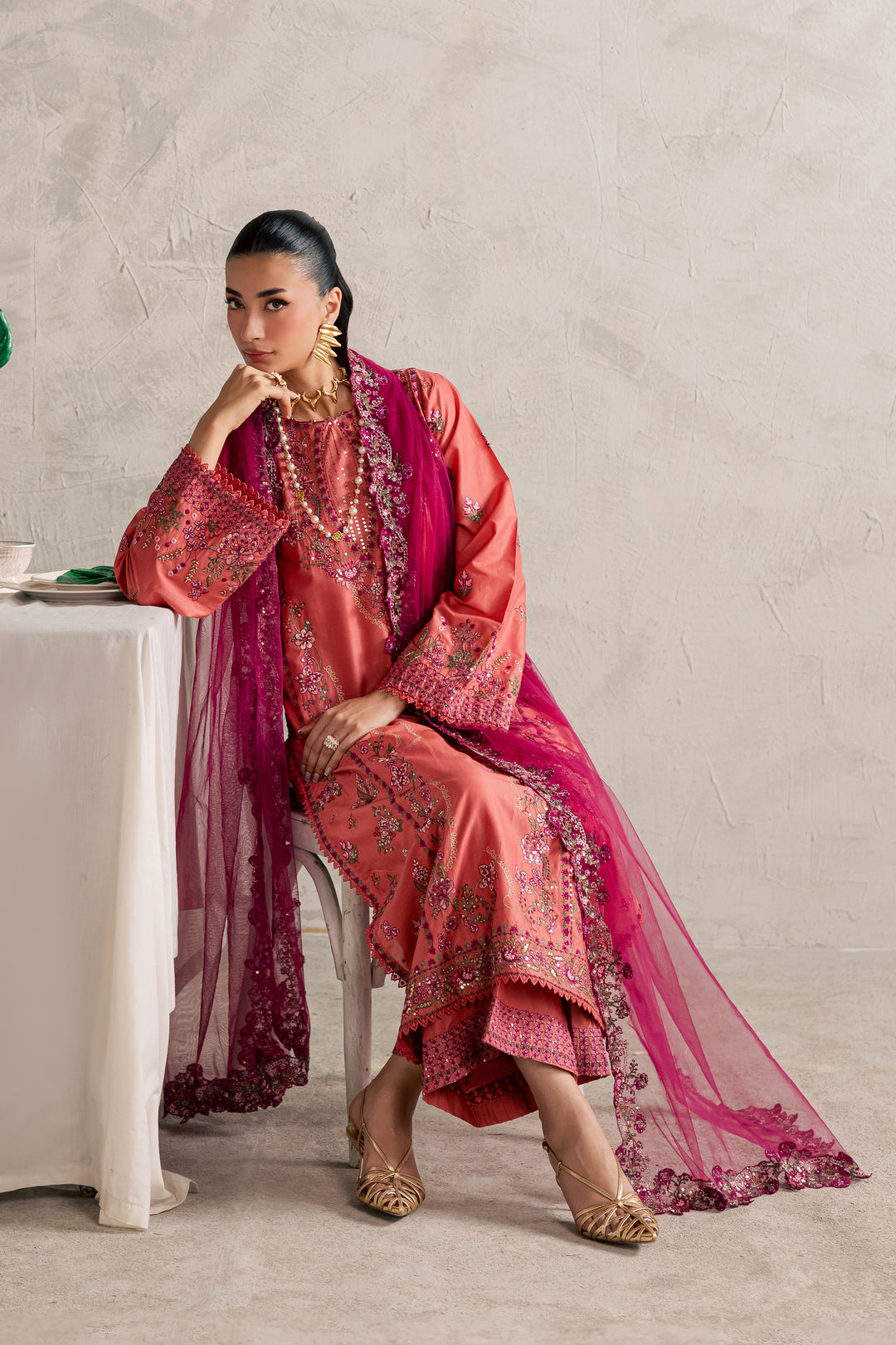 Rust Nazneen 3Pc - Festive Embroidered Lawn