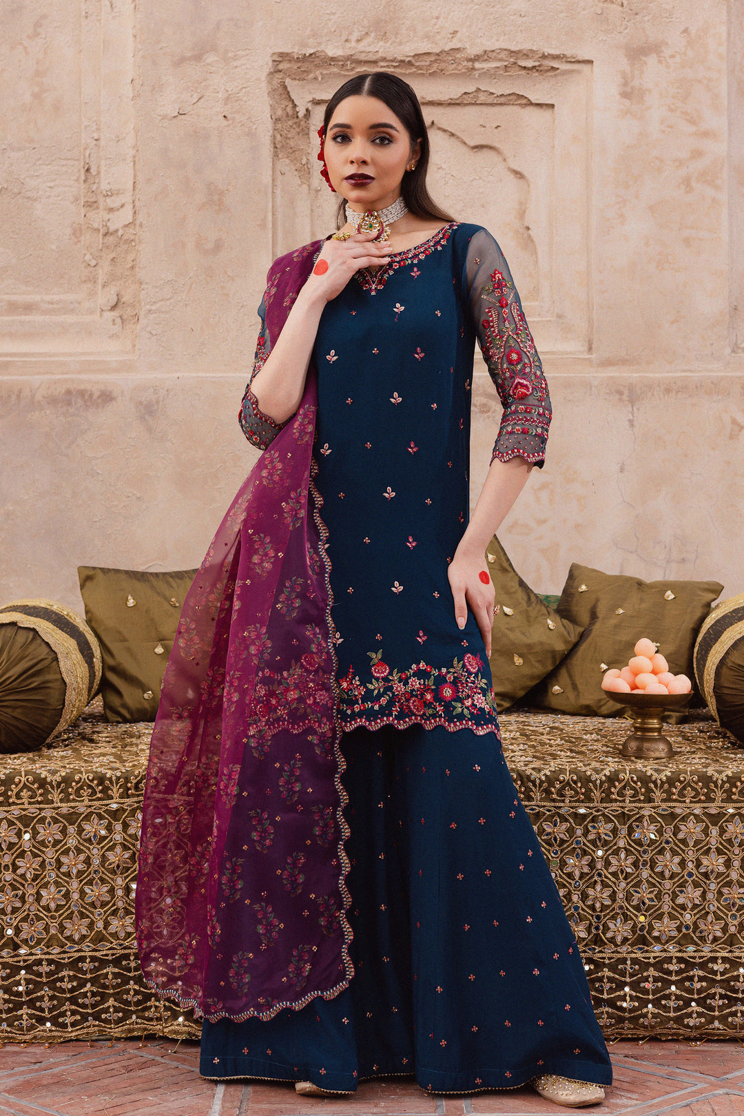 Batik UAE Aleysa three piece raw silk set featuring an embroidered short shirt with kaviya finishing organza sleeves flared embroidered sharara and printed organza dupatta with sequin spread. Affordable ethnic South Asian Desi Indian Pakistani designer wear UAE fashion for teens adults girls and women available in sizes  S M L festive eid 