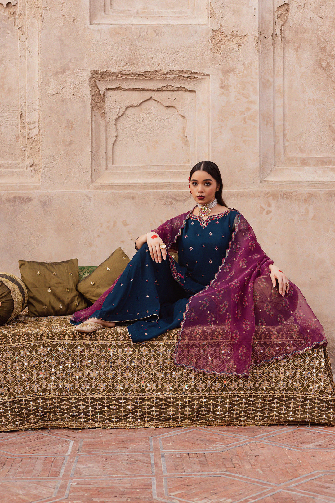 Batik UAE Aleysa three piece raw silk set featuring an embroidered short shirt with kaviya finishing organza sleeves flared embroidered sharara and printed organza dupatta with sequin spread. Affordable ethnic South Asian Desi Indian Pakistani designer wear UAE fashion for teens adults girls and women available in sizes  S M L festive eid 