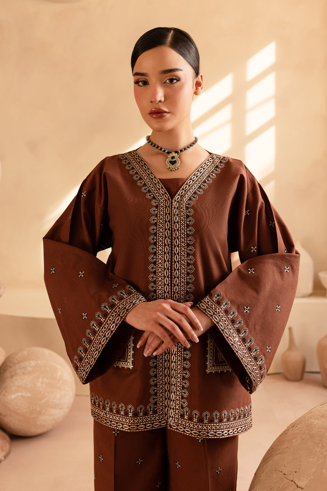 Cognac 3Pc - Embroidered Khaddar Dress