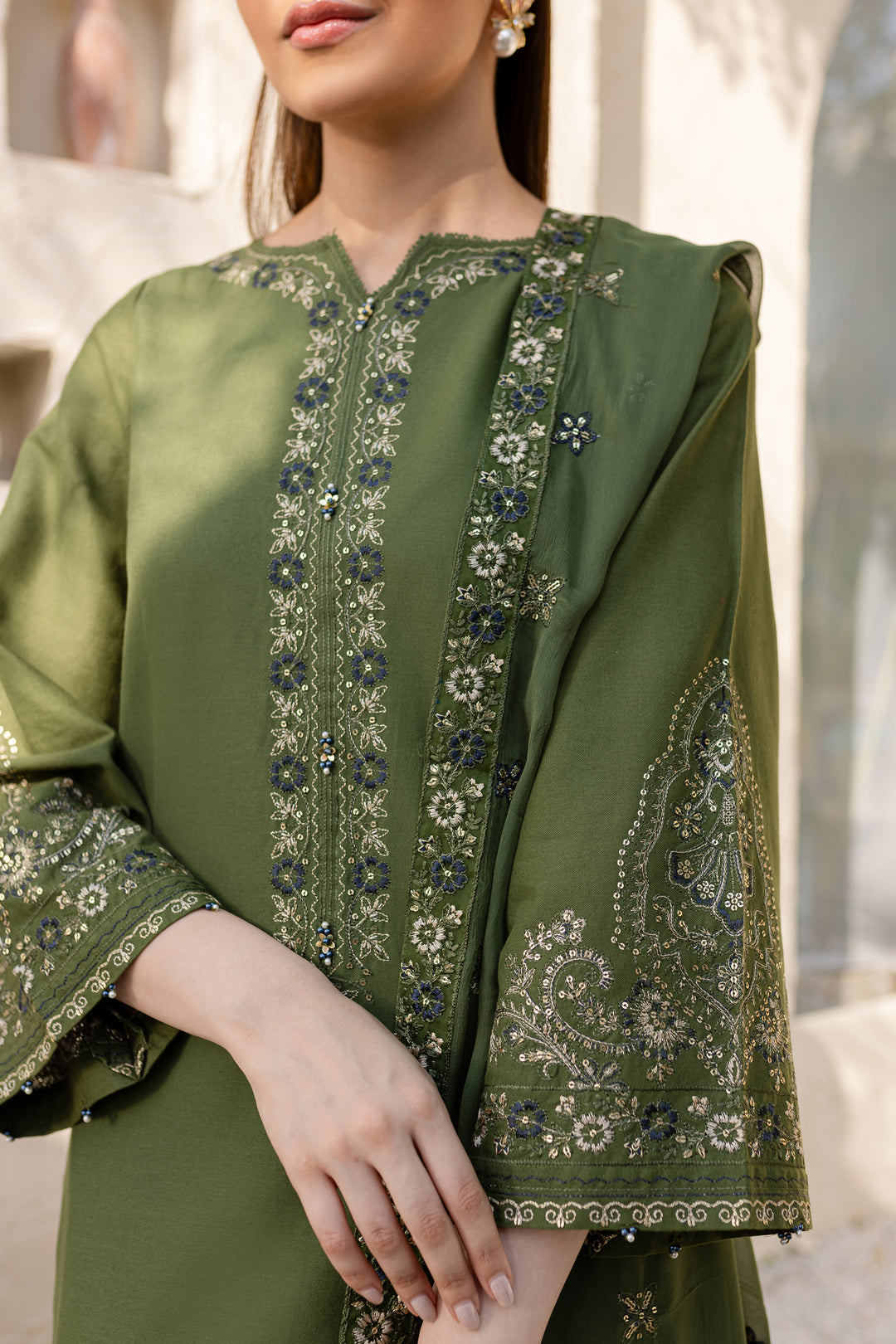 Leafy 3Pc - Embroidered Khaddar Dress