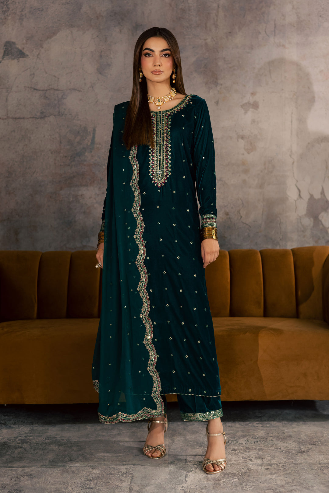 Cyan Westeria 3Pc - Velvet Formal Dress BATIK - AE Cyan Westeria 3Pc - Velvet Formal Dress BATIK - AE