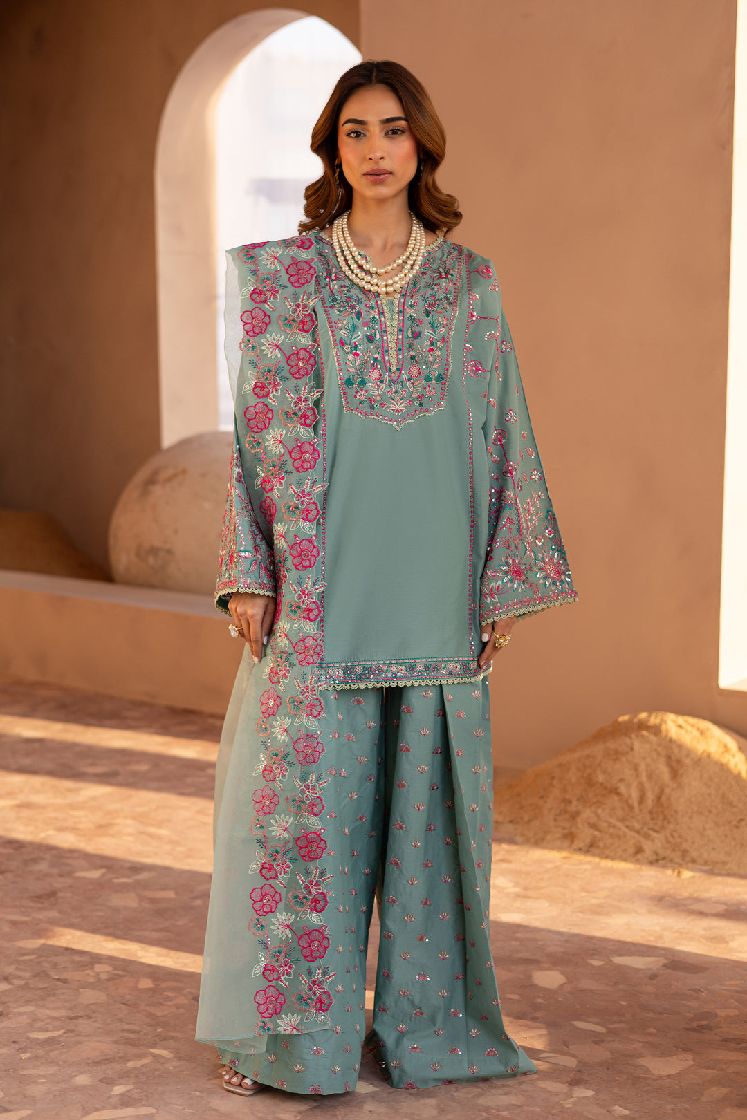 Layla Blue 3Pc - Embroidered Luxe Pret