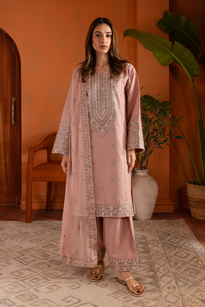 Pink Lotus 3Pc- Embroidered Karandi Dress