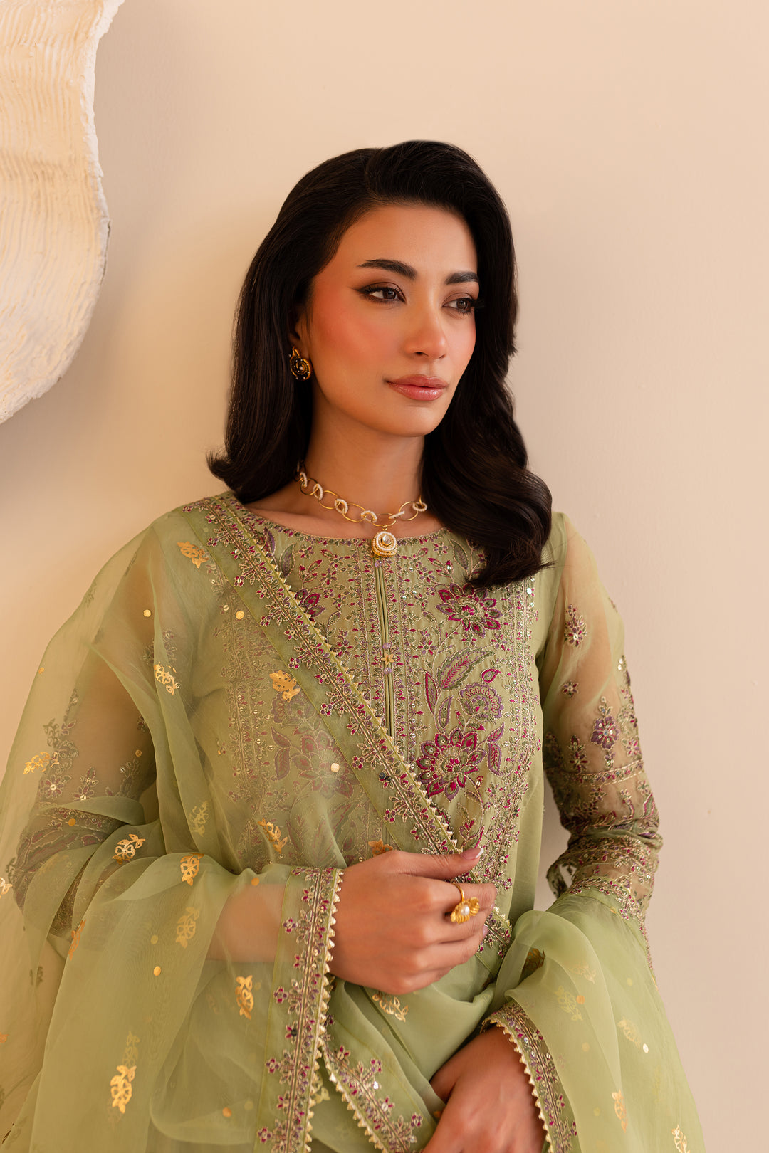 Green Cherry 3Pc - Embroidered Sharara Pret