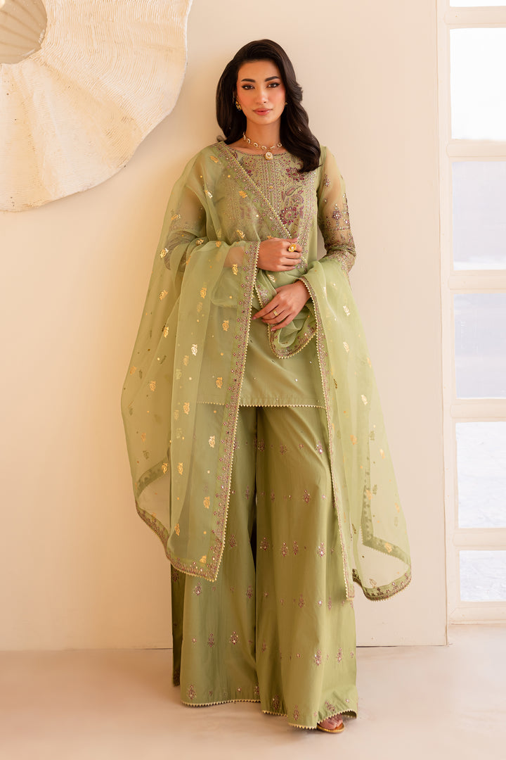 Green Cherry 3Pc - Embroidered Sharara Pret