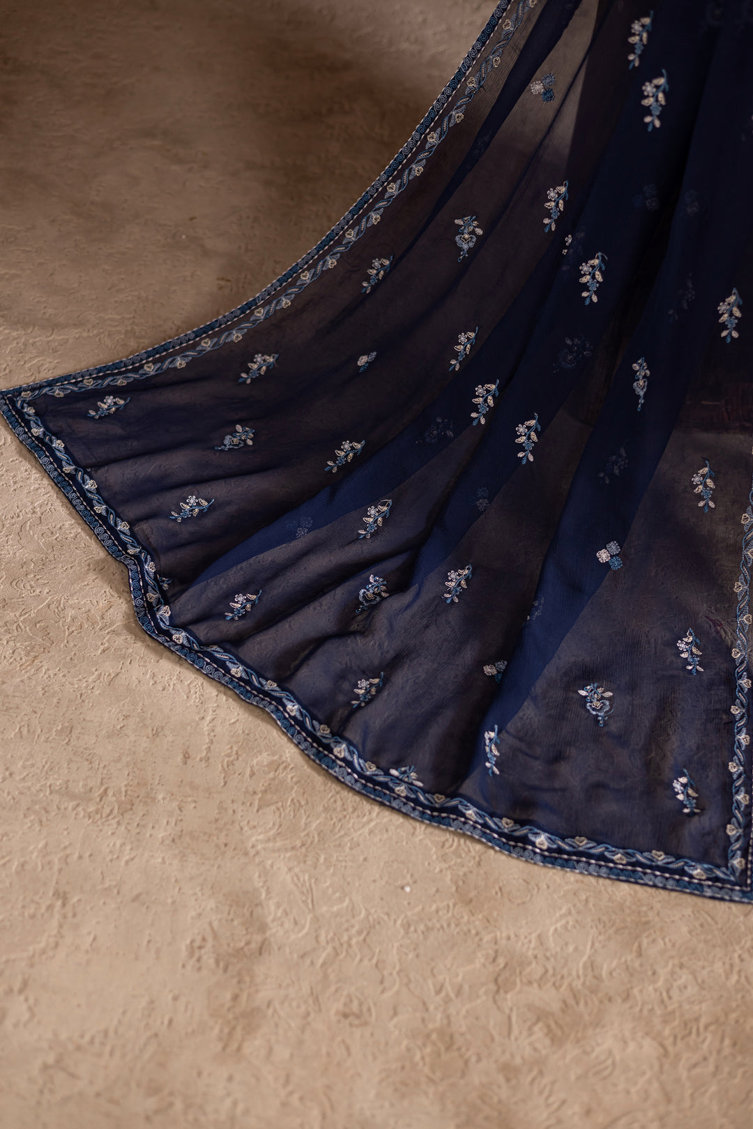 Batik UAE Adoro three piece khaddar set featuring a long blue embroidered shirt with crochet lace finishing paired with embroidered culottes and crinkle dupatta. Affordable ethnic South Asian Desi Indian Pakistani designer wear UAE fashion for teens adults girls and women available in sizes XS S M L XL.