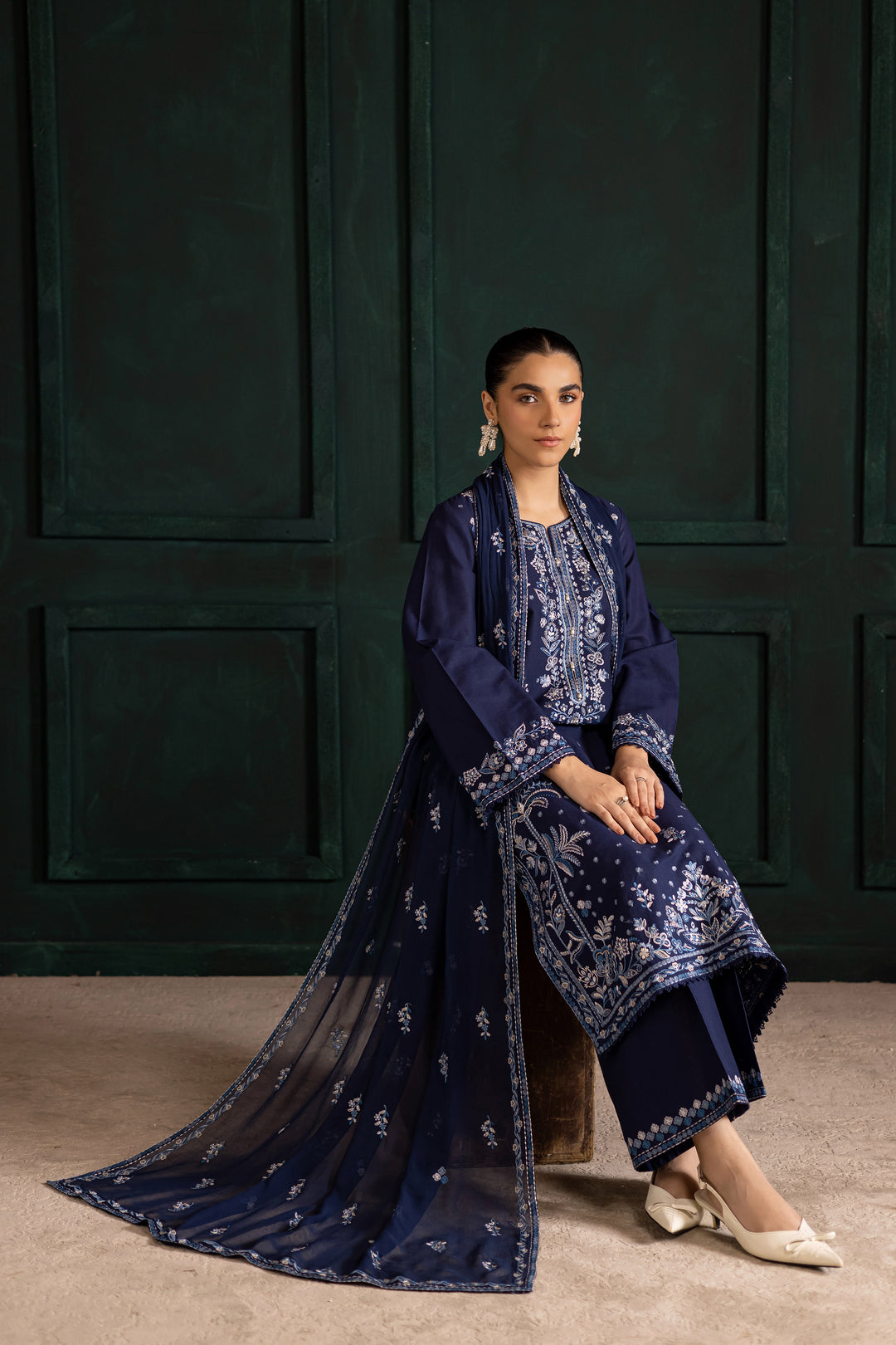 Batik UAE Adoro three piece khaddar set featuring a long blue embroidered shirt with crochet lace finishing paired with embroidered culottes and crinkle dupatta. Affordable ethnic South Asian Desi Indian Pakistani designer wear UAE fashion for teens adults girls and women available in sizes XS S M L XL.