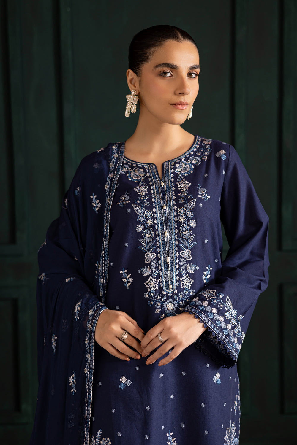 Batik UAE Adoro three piece khaddar set featuring a long blue embroidered shirt with crochet lace finishing paired with embroidered culottes and crinkle dupatta. Affordable ethnic South Asian Desi Indian Pakistani designer wear UAE fashion for teens adults girls and women available in sizes XS S M L XL.