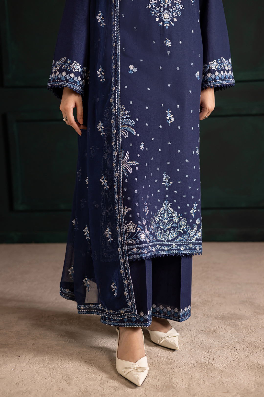 Batik UAE Adoro three piece khaddar set featuring a long blue embroidered shirt with crochet lace finishing paired with embroidered culottes and crinkle dupatta. Affordable ethnic South Asian Desi Indian Pakistani designer wear UAE fashion for teens adults girls and women available in sizes XS S M L XL 3 Pc
