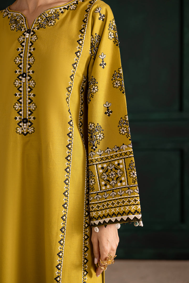 Batik UAE Kantha two piece khaddar set in lemon green featuring embroidered sleeves with mirror and bead detailing. Affordable ethnic South Asian Desi Indian Pakistani designer wear UAE fashion.
