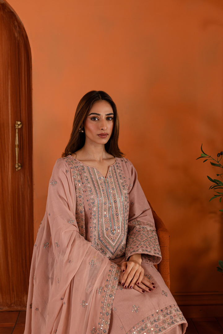 Pink Lotus 3Pc- Embroidered Karandi Dress