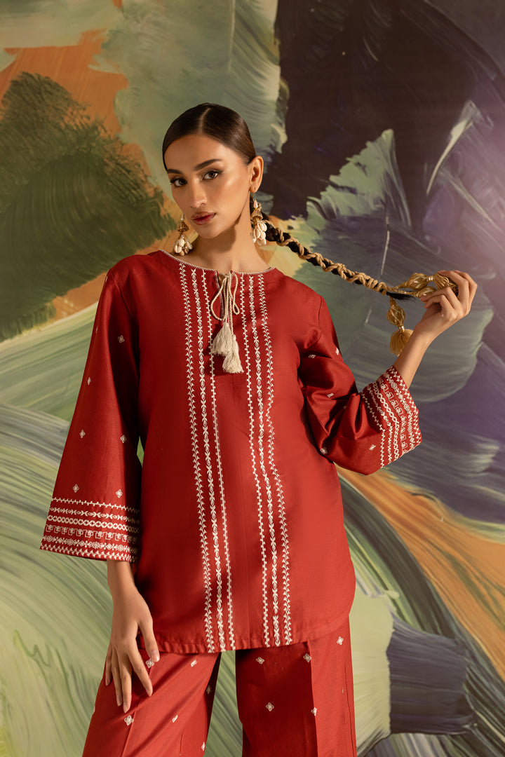 Brick 2Pc - Embroidered Khaddar Dress