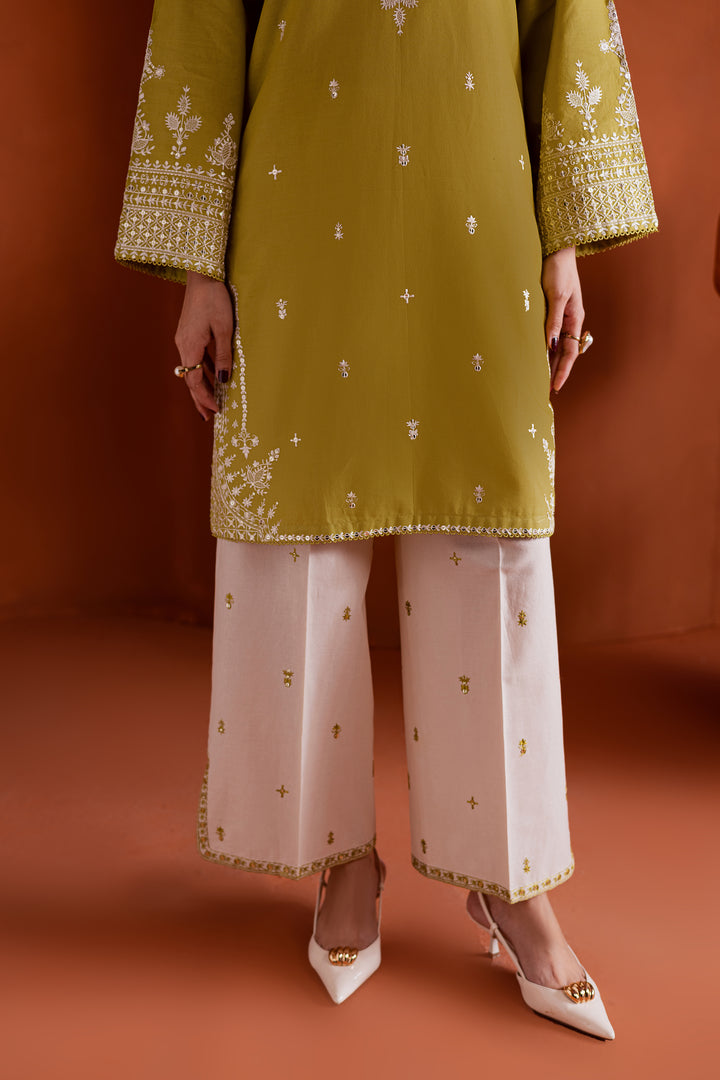 Pear green embroidered ethnic khaddar 2-piece set for women, featuring a pearl-detailed neckline and subtle sequin work — affordable Pakistani festive wear with fast delivery