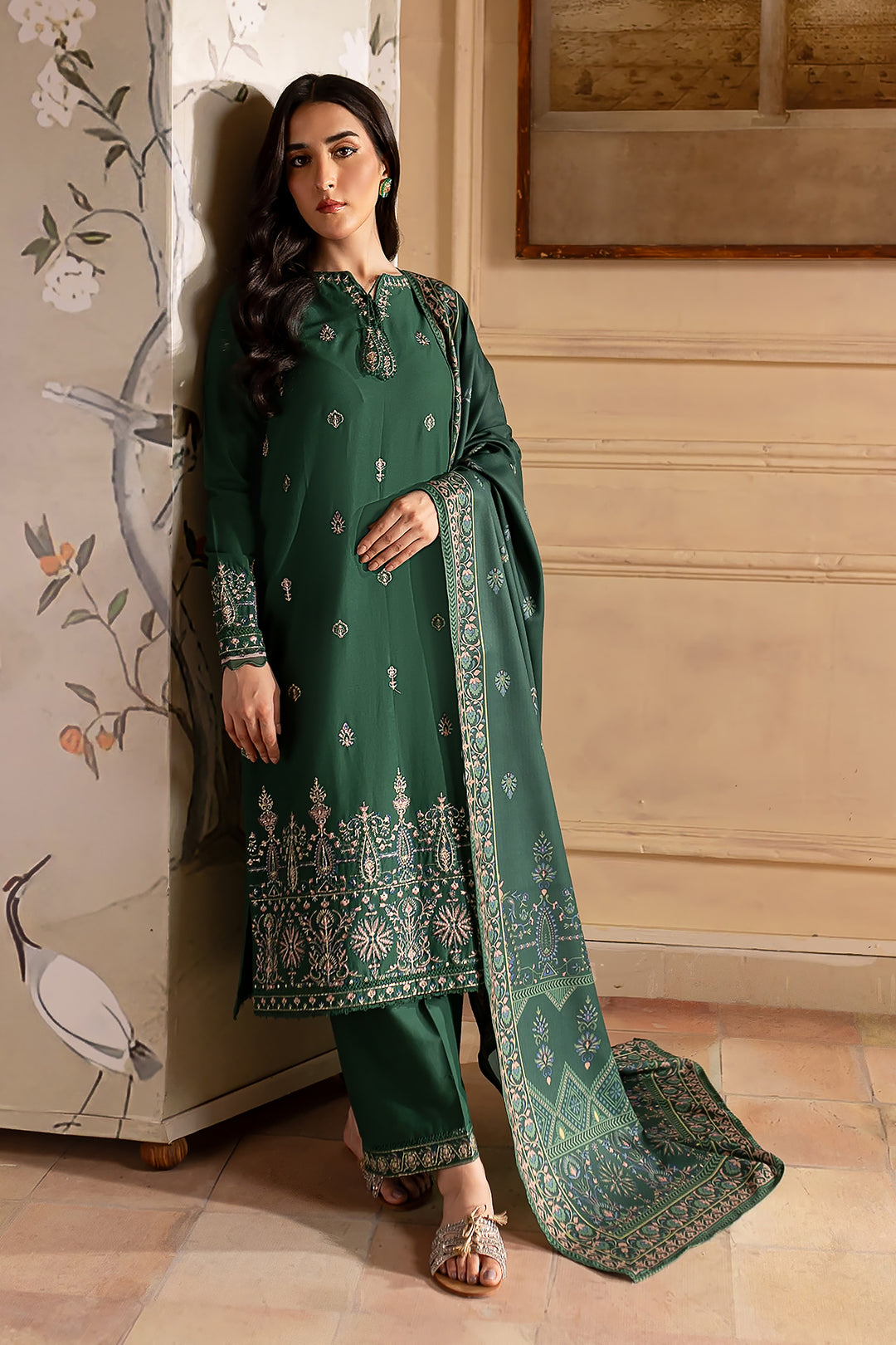 Green Sam 3Pc - Embroidered Khaddar Dress