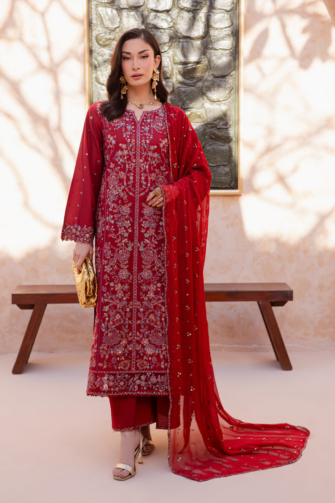 Red Delight 3Pc - Festive Embroidered Lawn