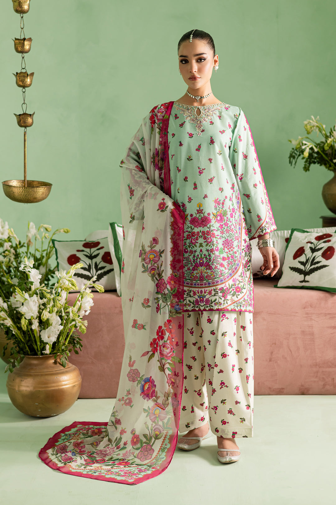 Neena 3Pc - Printed Lawn Dress With Farshi Shalwar
