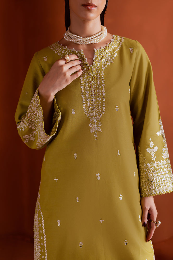 Contemporary pear green khaddar outfit with minimal lace and elegant embroidery, perfect for modern women seeking affordable festive fashion