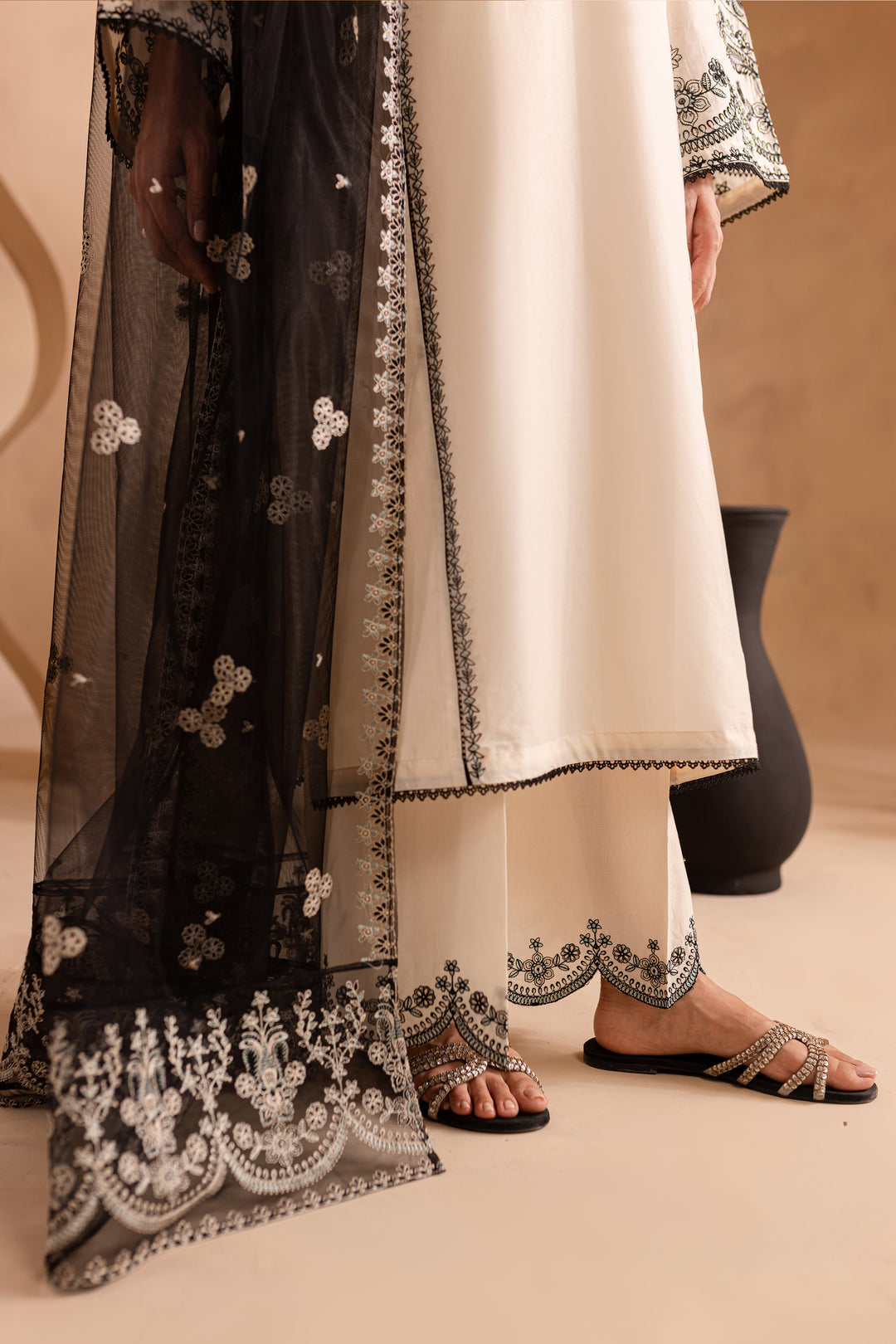 Black White 3Pc - Embroidered Lawn Dress