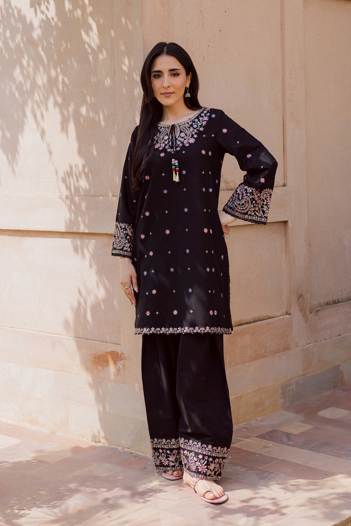 woman wearing a black embroidered kurta set for women, featuring colorful threadwork on neckline, sleeves, and borders, paired with matching straight trousers. Elegant traditional ethnic outfit for festive or casual wear