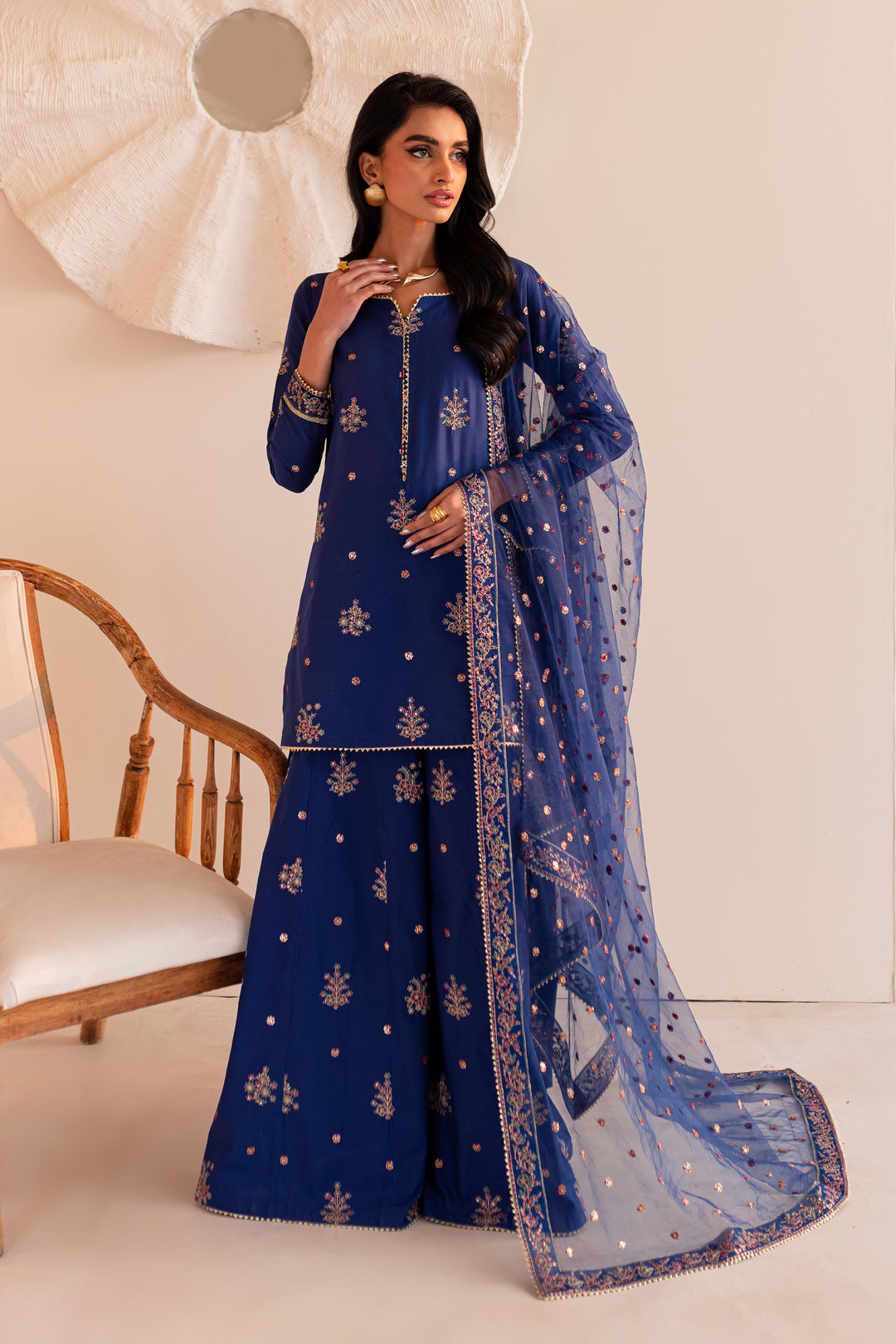 Bluish 3Pc - Embroidered Sharara Pret