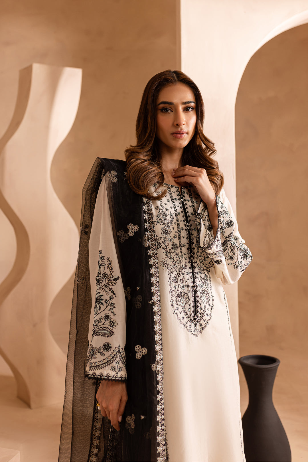 Black White 3Pc - Embroidered Lawn Dress