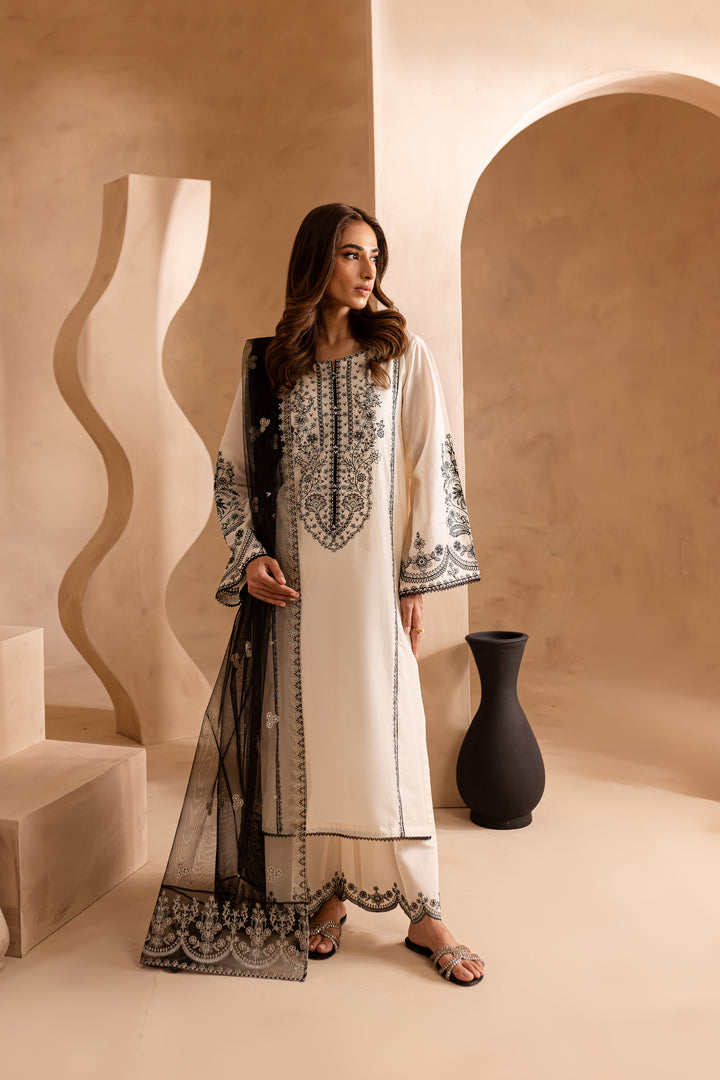 Black White 3Pc - Embroidered Lawn Dress