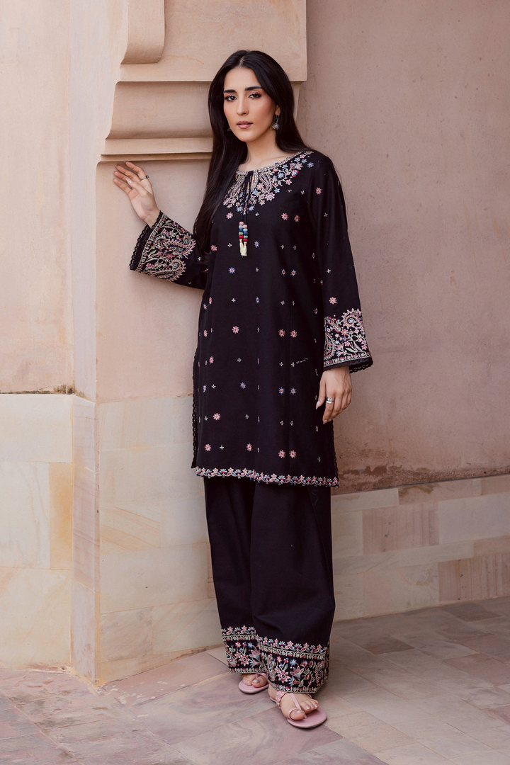 Black embroidered two-piece kurta set for women featuring colorful floral embroidery on sleeves and hems, paired with wide trousers and sandals. Traditional Pakistani outfit ideal for festive or casual wear