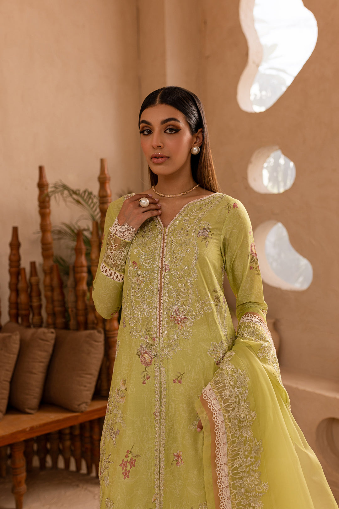 Minty Glaze 3Pc - Embroidered Luxe PRET - BATIK
