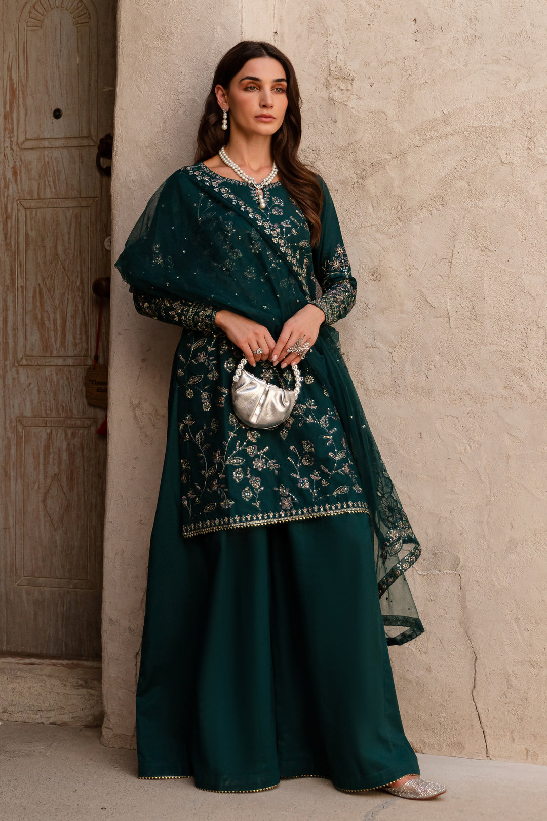 Aura Teal 3Pc - Embroidered Khaddar Dress