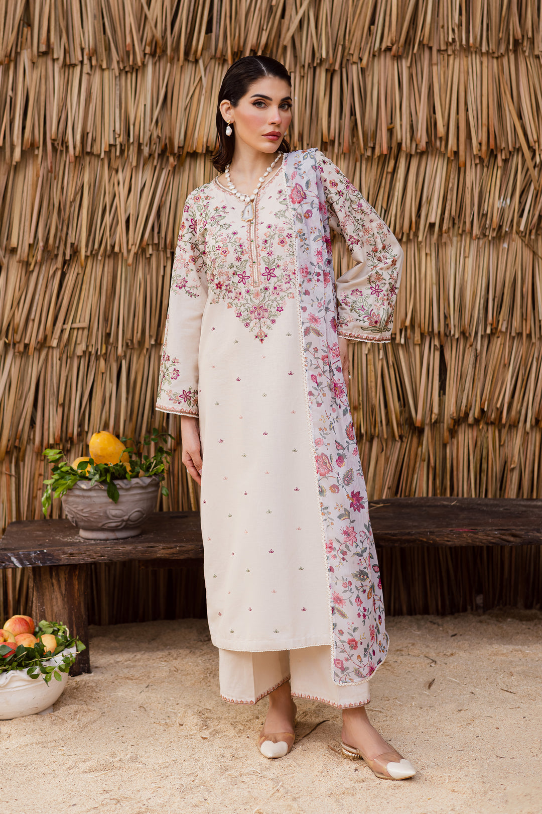 Digitally printed crinkle dupatta paired with an embroidered khaddar ensemble, perfect for luxury yet affordable ethnic fashion