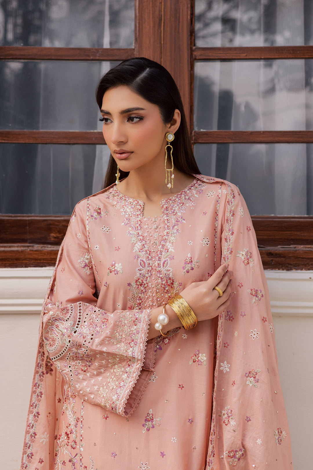 Peach Line 3Pc - Festive Embroidered Lawn