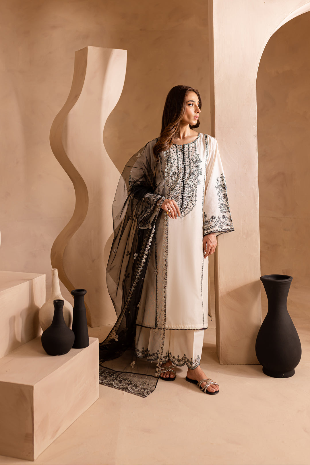 Black White 3Pc - Embroidered Lawn Dress