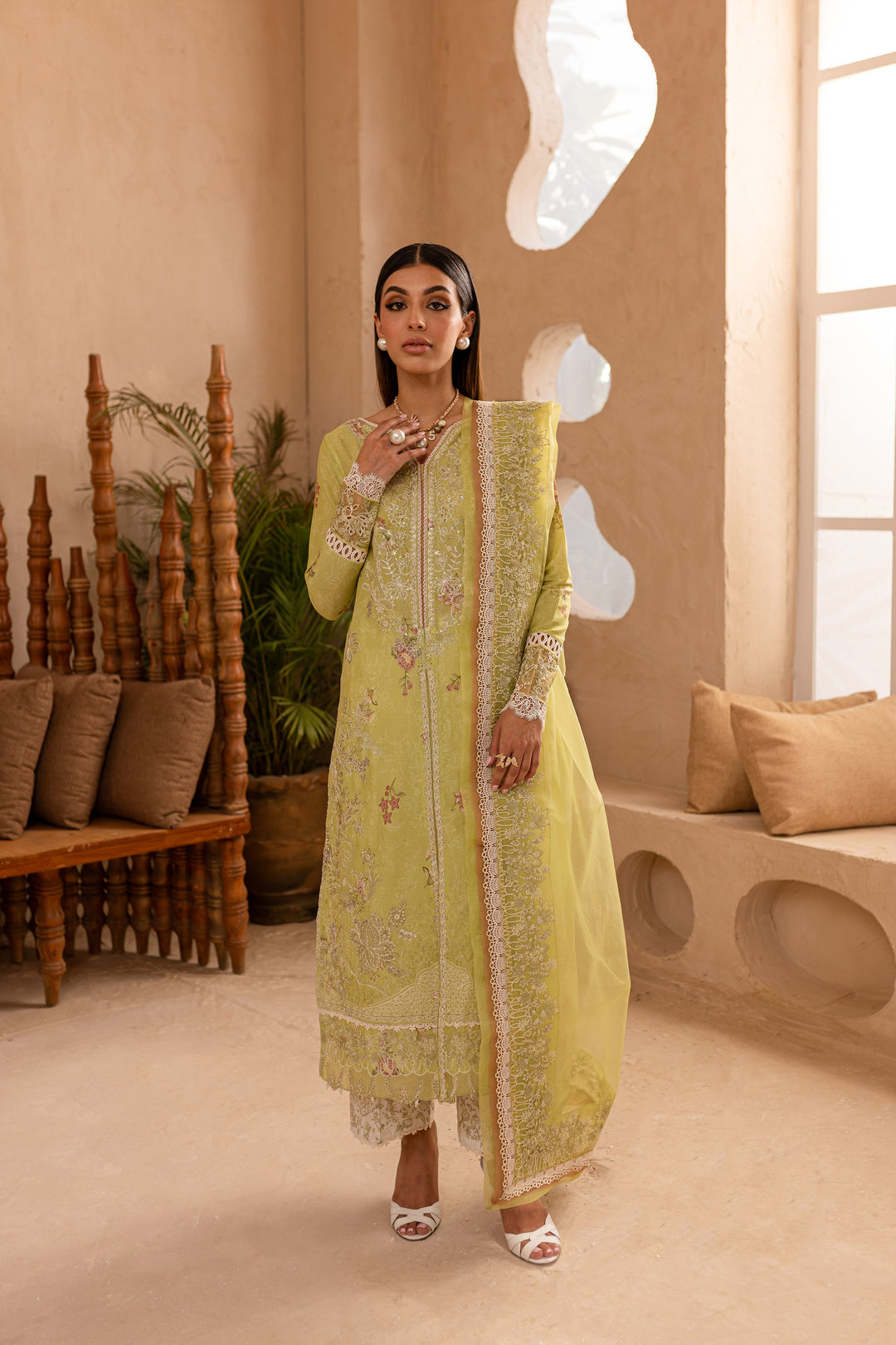 Minty Glaze 3Pc - Embroidered Luxe PRET - BATIK