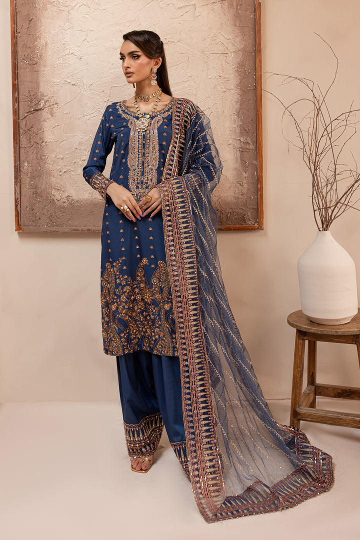 Blue Sapphire 3Pc - Embroidered Luxe PRET